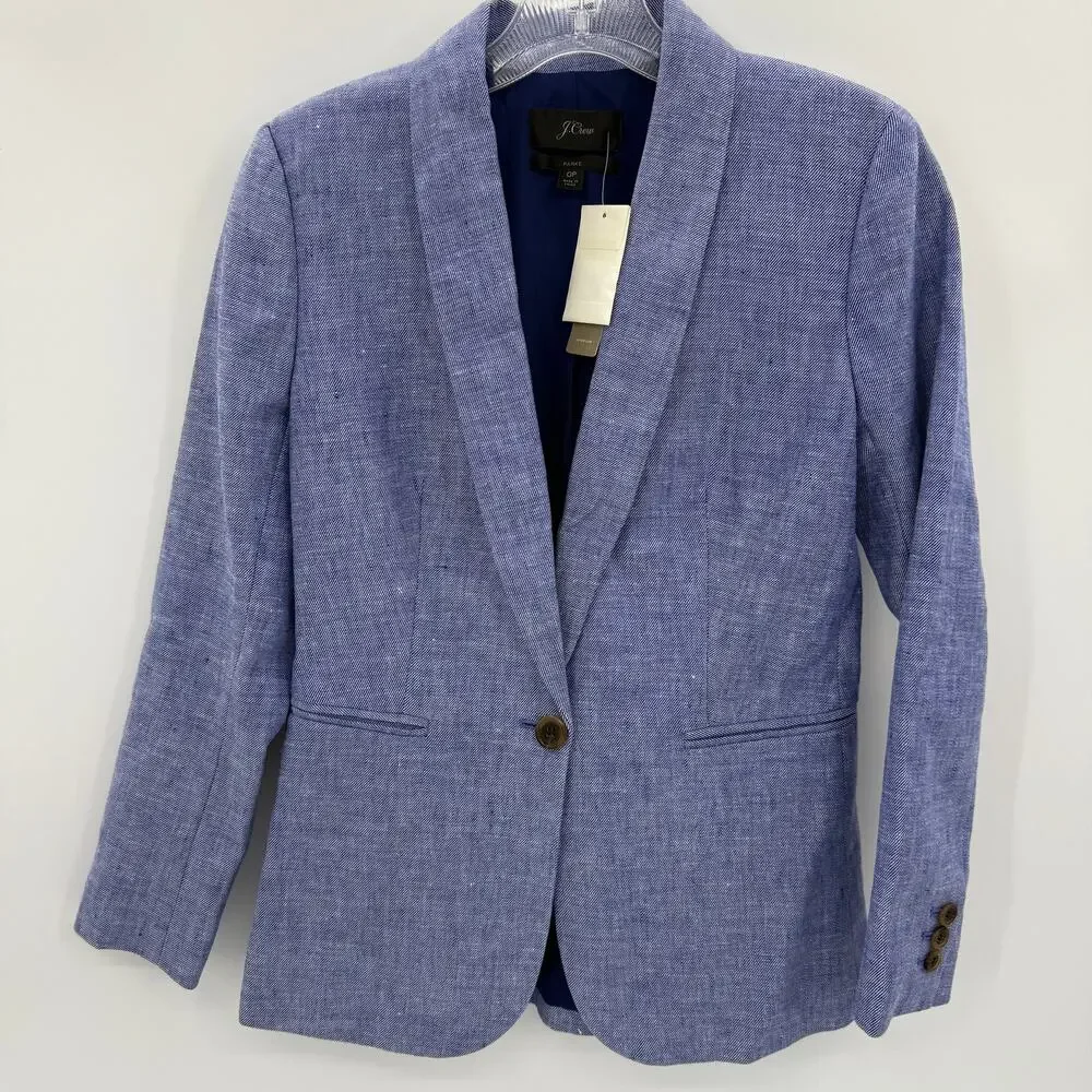 New J. CREW Womens Blazer Jacket Linen Blend Size 0P Blue Single Button Office